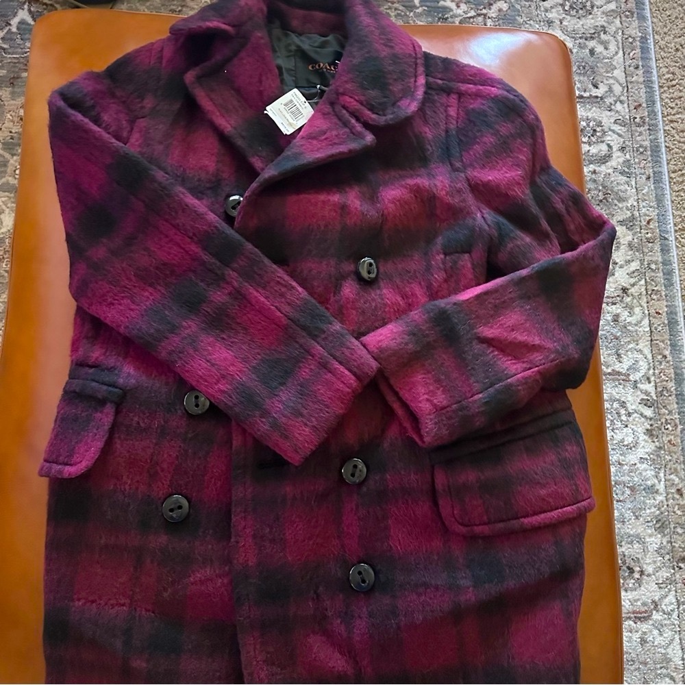 NWT COACH Plaid Wool/Alpaca Peacoat Jacket - Cranberry and Black🥳🥳❌❌ - Picture 4 of 11